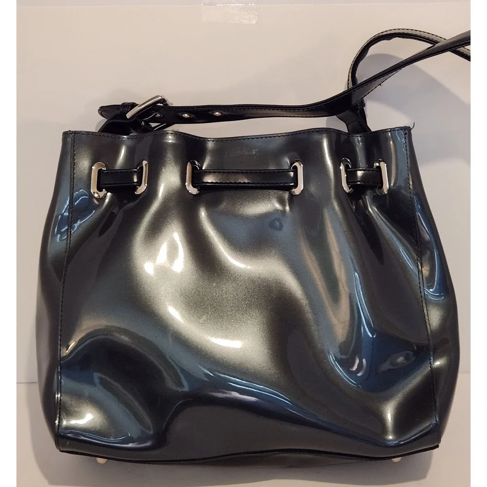 Beijo Classic Black Patent Shoulder Bag Silver Hardware Adjustable Strap Pockets